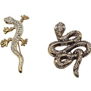 Reptile Lizzard 2PC Brooch Set Gold Silver Tone Amphibian Reptile Figural Pins